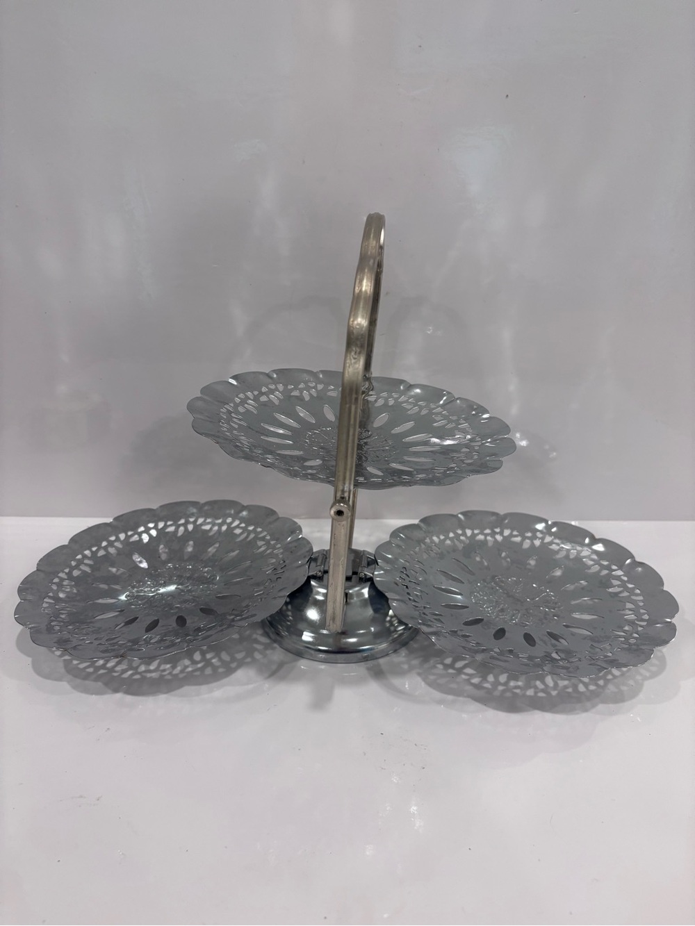 Vintage Folding 3-Tier Chrome Tidbit Tray Dessert Stand Tea Sandwich Server